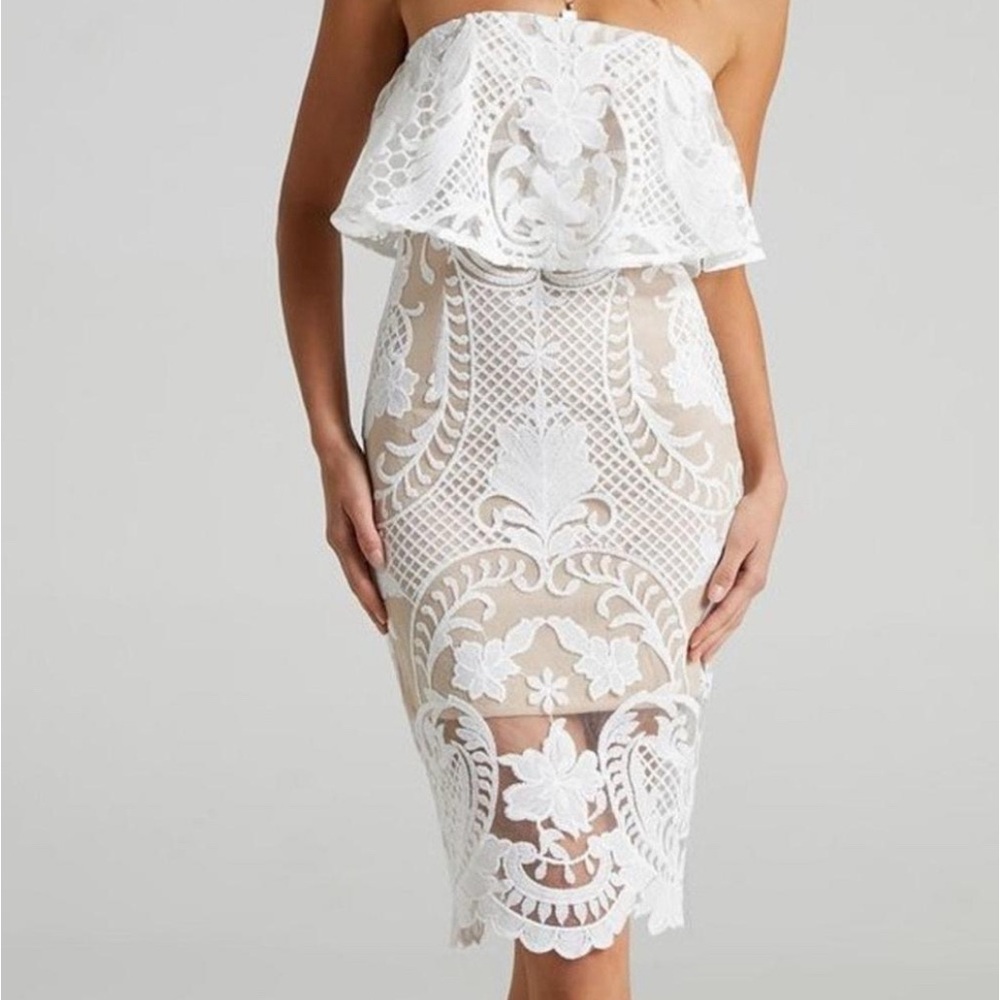Fashion Nova White Strapless Lace Overlay Midi Dress